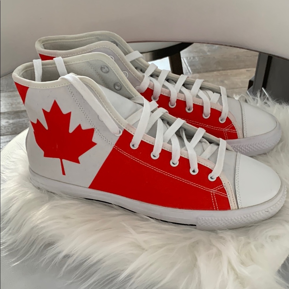 Red and White High-Top Athletic Shoes